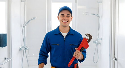 Smiling Professional Plumber Fixing: Confident Service Man Ready for Home Repair and Maintenance with Large Wrench