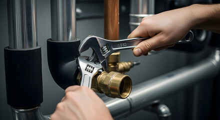 Professional Plumber Fixing Industrial Pipe System with Wrenches, Highlighting Expert Repair and Maintenance Work