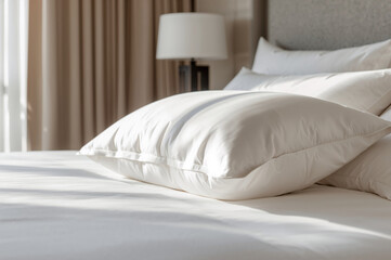 White soft pillow on made bed in minimalist modern bedroom with cozy natural light interior