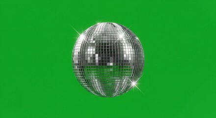 Disco Ball Reflective Silver Sphere on Green Background in Party Style