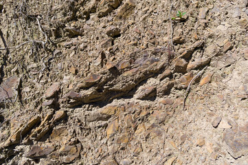 A detailed view of a quarry that is no longer in use. A detailed view of the crumbling remains of stone quarrying.