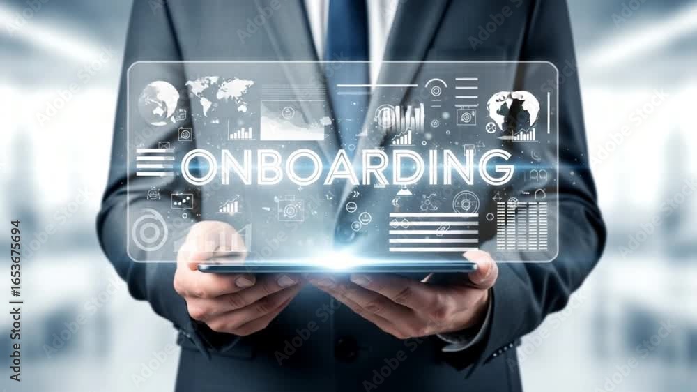 Poster man in suit holding tablet with onboarding text and digital graphics overlayed on the screen display