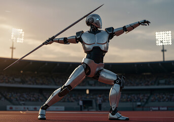 Robot athlete throwing spear in stadium