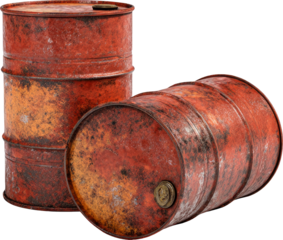 Rusty Red Barrels: Aged Industrial Containers with Weathered Surfaces and Metallic Texture