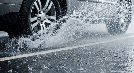 Vehicle motion through rain forming a large spray on highway capturing dynamic essence