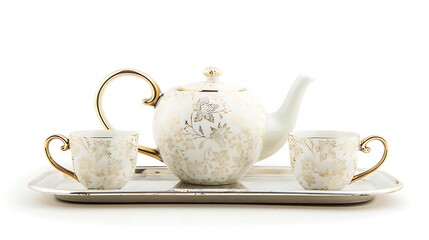 Fototapeta premium Elegant white porcelain tea set with two cups on a tray