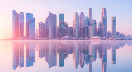 A serene cityscape featuring modern skyscrapers reflecting in calm water during a pastel sunrise.