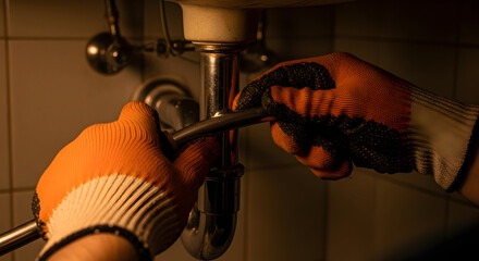Close-up of a plumber fixing a drain pipe under a sink with protective work gloves, highlighting professional repair and maintenance work in a home.