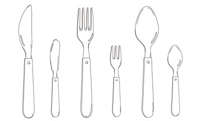 Handle cutlery, Silverware fork knife spoon. Simple line art. Hand drawn illustration vector.