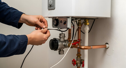 Professional plumber fixing water heater wiring and pipes, ensuring efficient home heating system maintenance.