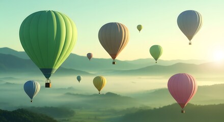 Obraz premium Colorful hot air balloons ascend over a misty landscape, bathed in sunlight.