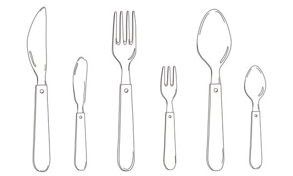 Handle cutlery, Silverware fork knife spoon. Simple line art. Hand drawn illustration vector.