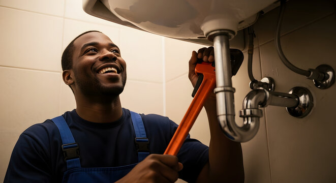 Happy Plumber Fixing Sink Pipes with a Wrench, Smiling Professional Maintenance Worker Doing Home Repair - Powered by Adobe