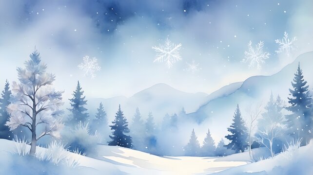A fairytale winter landscape painted in watercolor. Snowflakes are falling on a snowy forest. Can be used for greeting cards, posters, backgrounds, and web design. - Powered by Adobe