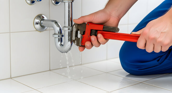 Close-up of a plumber fixing a leaking pipe under a sink, with water dripping. Professional plumbing repair and home maintenance service.