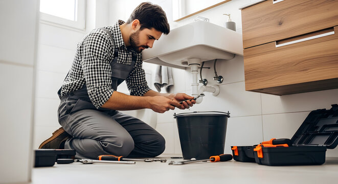 Professional plumber fixing a leaky sink pipe in a modern bathroom