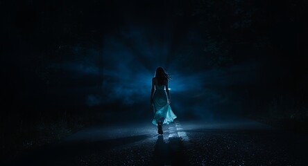 Night Road, Mysterious Figure, Dark Forest, Ethereal Atmosphere, Dramatic Lighting