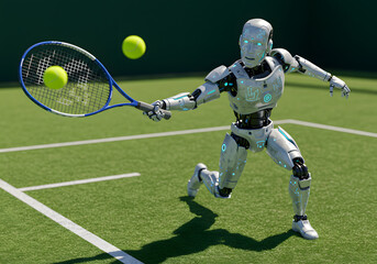 Robot playing tennis on court
