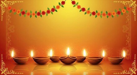 Festive diwali background with illuminated oil lamps and vibrant floral decoration