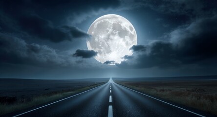 Open Road Under Full Moon Night Sky Drive