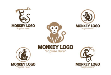 5 Monkey Logo Set Brown and Beige Color Modern Minimalist Animal Brand Design