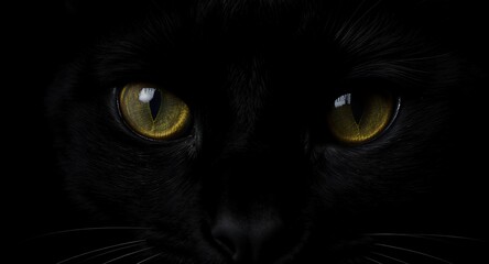 Piercing Gaze Black Cat with Golden Eyes in Dark Background