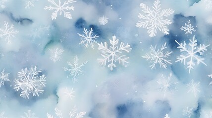 A watercolor illustration of a winter background with a seamless snowflake pattern on a blue and white texture. Suitable for designing cards, gift wrap, wallpapers, textiles, and website backgrounds.