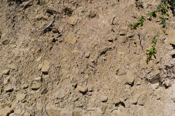 A detailed view of a quarry that is no longer in use. A detailed view of the crumbling remains of stone quarrying.