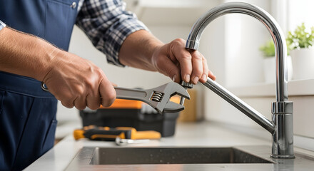 Professional plumber fixing a modern kitchen faucet with a wrench, focusing on home maintenance and repair service.