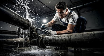 Focused Plumber Fixing Leaky Industrial Pipe with Dramatic Water Splash
