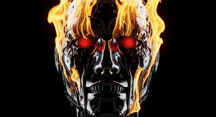 Artificial consciousness engulfed in flames conveys a sense of technological doom