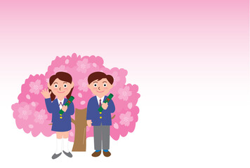 ブレザー制服の卒業式と桜のポストカード
