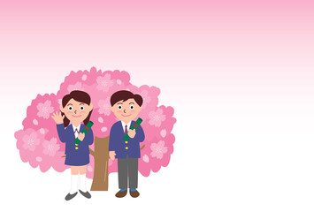 ブレザー制服の卒業式と桜のポストカード
