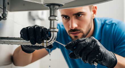 Professional plumber fixing a leaky pipe under a sink, showing expertise and diligent service.