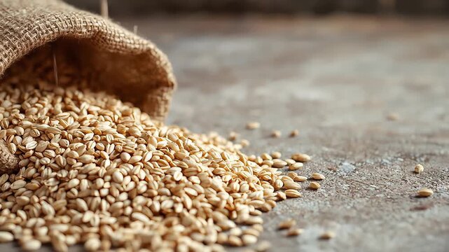 Golden Grain Harvest, A bountiful pile of raw wheat kernels spills from a rustic burlap sack