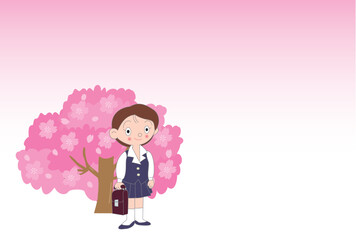 満開の桜と制服の女の子のポストカード
