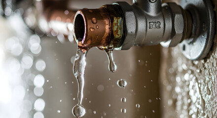 Plumber Fixing: Close-up of Leaking Copper Pipe with Water Drops and Splashes
