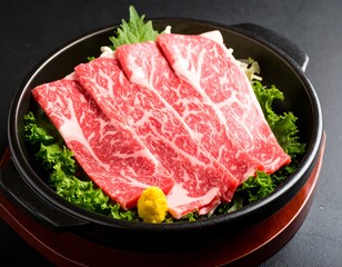 Raw beef slices on a hot plate