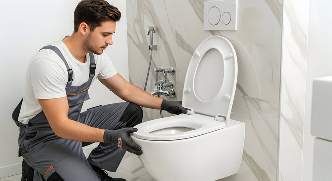 Professional plumber fixing a modern toilet in a clean bathroom
