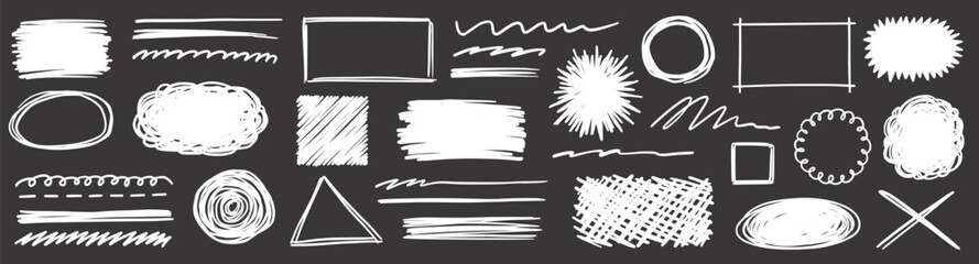 Pencil scribble vector frame set. Hand drawn pencil texture scribble stroke rectangle, circle frame and underline. Grunge sketch marker cloud bubble on blackboard. Vector illustration