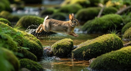 Obraz premium Nimble rabbit leaps across a mossy stream in a serene natural landscape environment