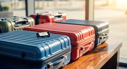 Luggage row atop wood surface near a bright window