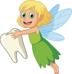 Tooth fairy cartoon character, flying girl with wings holding tooth, magical helper vector, fantasy illustration for kids and dental themes