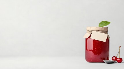 Glass jar filled with red cherry jam and fresh cherries
