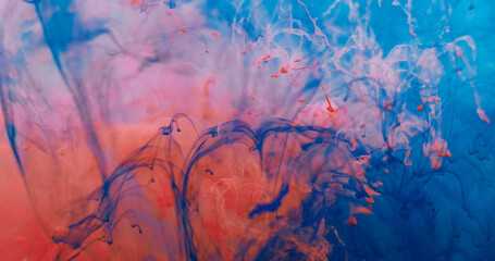 Blur color drip. Smoke splash. Orange red blue dye blob in defocused vapor fluid. Paint pigment...