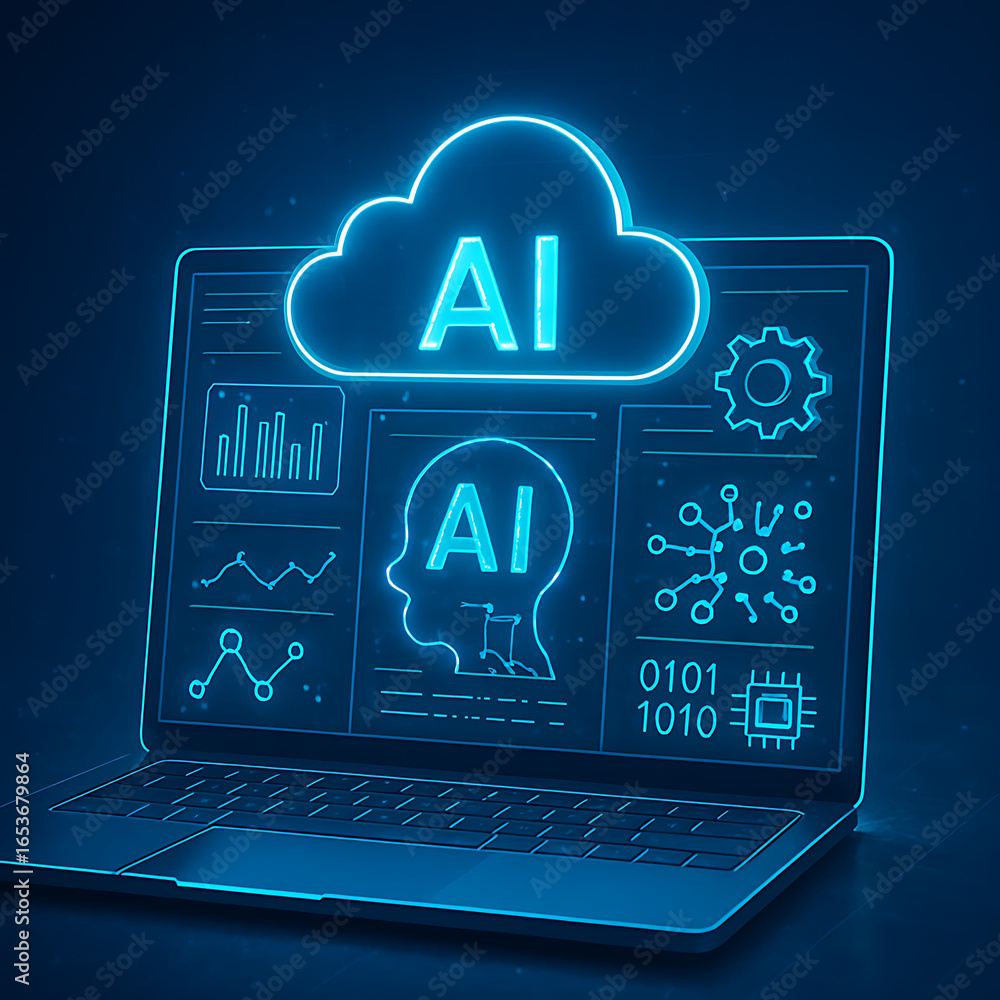 Poster futuristic laptop displaying artificial intelligence data, modern technology concept, digital brain,
