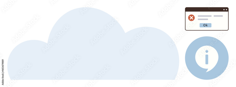 Poster cloud shape alongside error message popup with a red cross and ok button, plus information circle ic