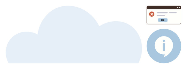 Cloud shape alongside error message popup with a red cross and OK button, plus information circle icon with i. Ideal for technology, cloud services, error, troubleshooting, IT support, data storage