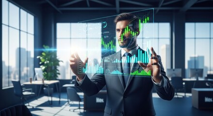 Man in suit analyzes financial data on a transparent, futuristic screen