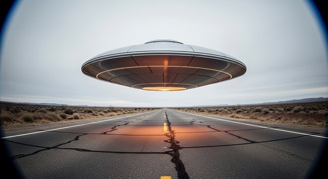 UFO Hovering Over Desert Highway Sci-Fi Scene